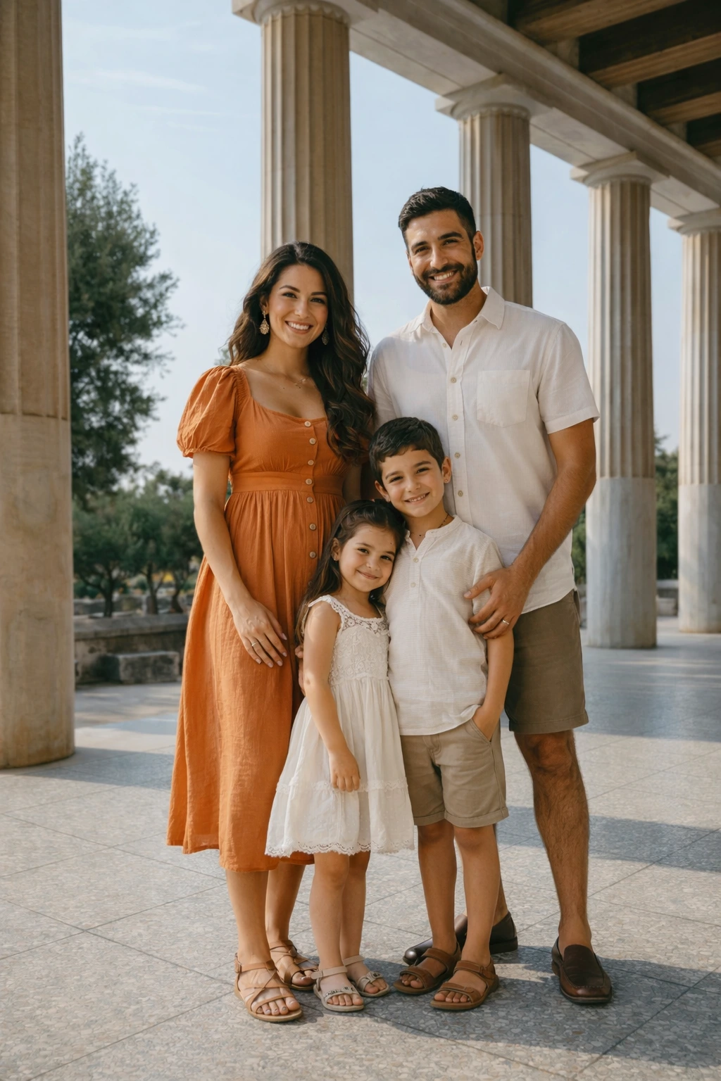 Two adults and two children pose between the pale columns of Zappeion Hall during an Athens photoshoot.