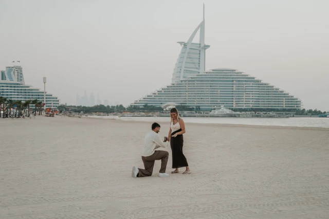 Beach proposal moment near Burj Al Arab before Shimmers dinner