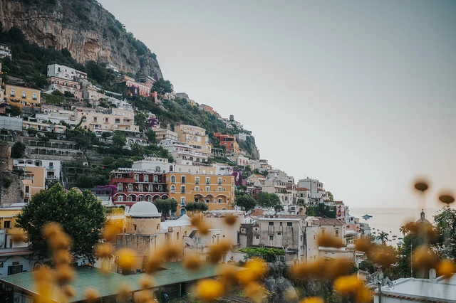 Colourful hillside buildings in Positano seen through flowers