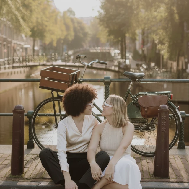 Couple photoshoot in Amsterdam Two woman having a photoshoot on a canal bridge in Amsterdam