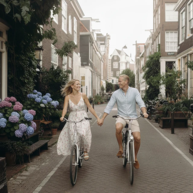 Couple photoshoot in Amsterdam A couple cycling trough Amsterdam for during their couple photoshoot