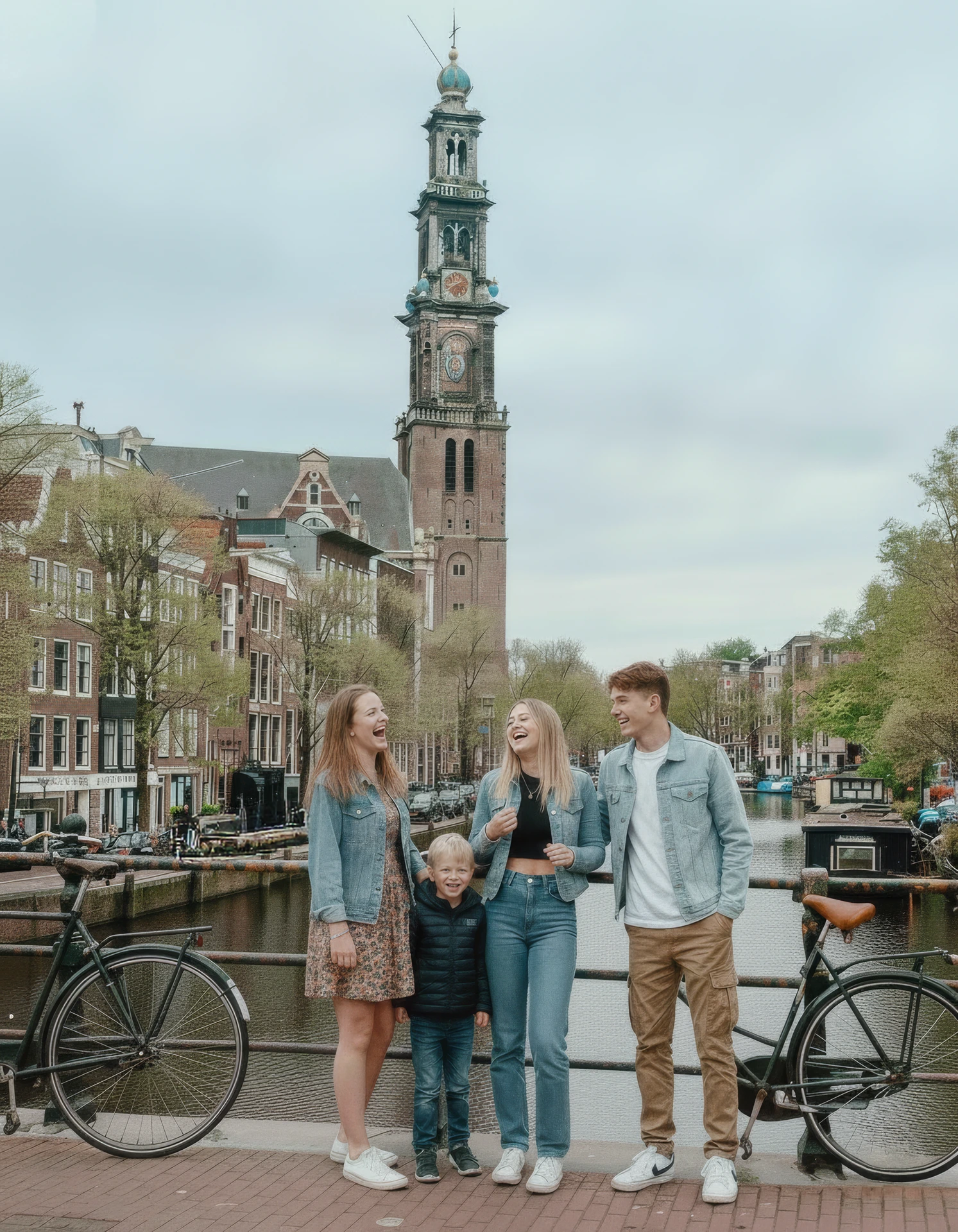 Kids of a family laughing during their family photoshoot in Amsterdam on a typical bridge in Amsterdam.