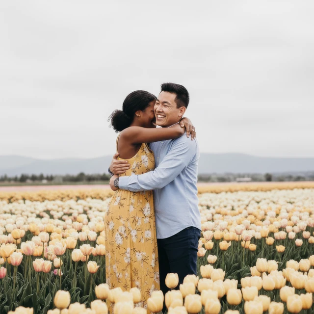 Fotograaf in Amsterdam die een koppel vastlegt tussen de tulpenvelden