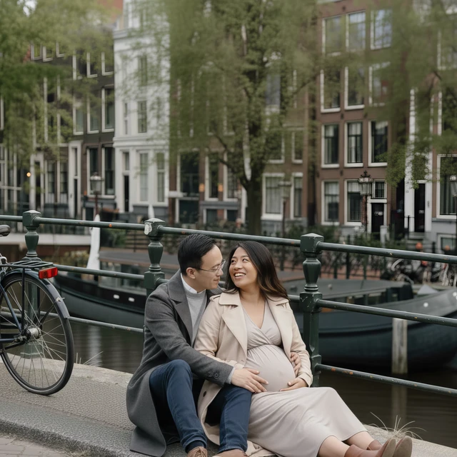 Een stel dat op de grond zit bij een brug tijdens hun fotoshoot met een fotograaf in Amsterdam