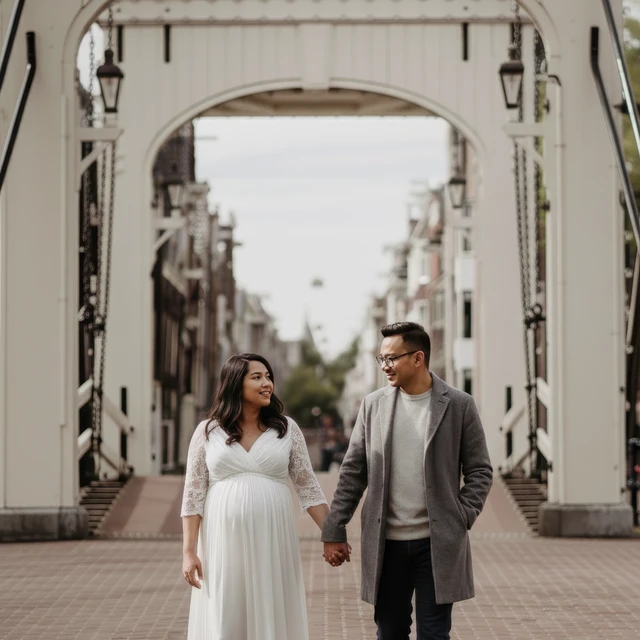 Couple walking hand in hand during a photoshoot in Amsterdam with the magere brug in the background