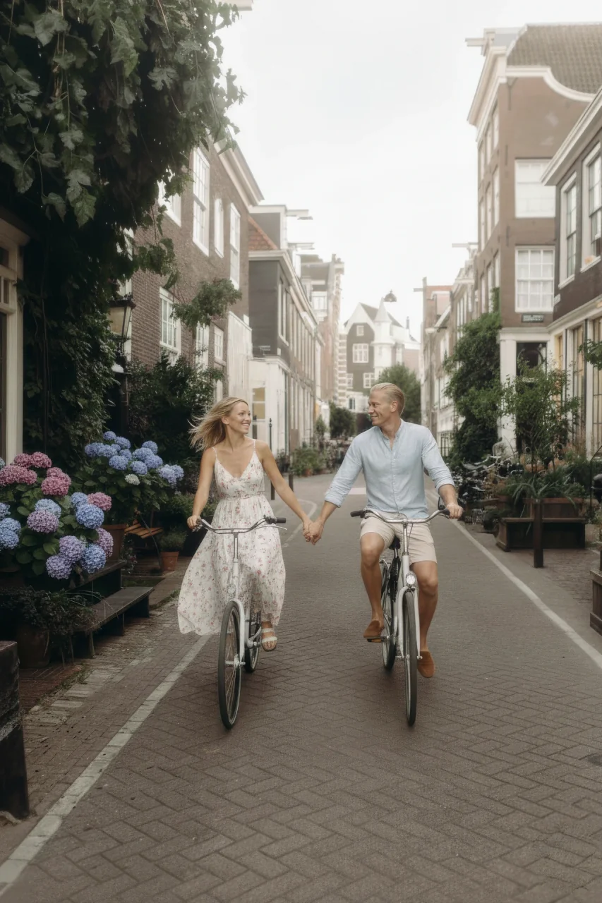 Couple walking with bicycles along a street in Amsterdam Couple walking with bicycles along a street in Amsterdam