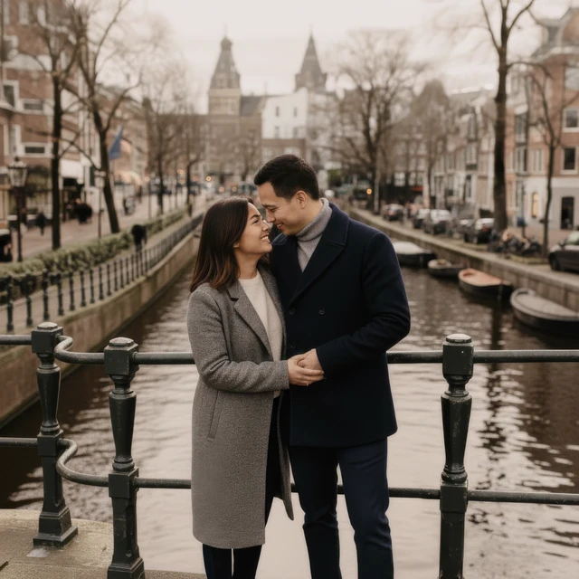 Photoshoot Amsterdam A couple posing by a bridge over the canals in Amsterdam