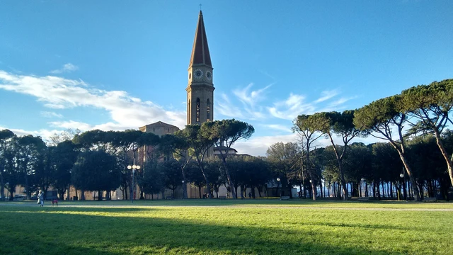 Lawn and umbrella pines in Parco Il Prato below Arezzo Cathedral’s bell tower — Mariagrazia94 / Wikimedia Commons, CC BY-SA 4.0
