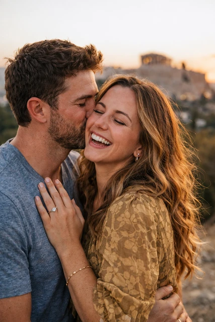 Una pareja durante una sesión de fotos en Atenas, capturada con un estilo natural y romántico.