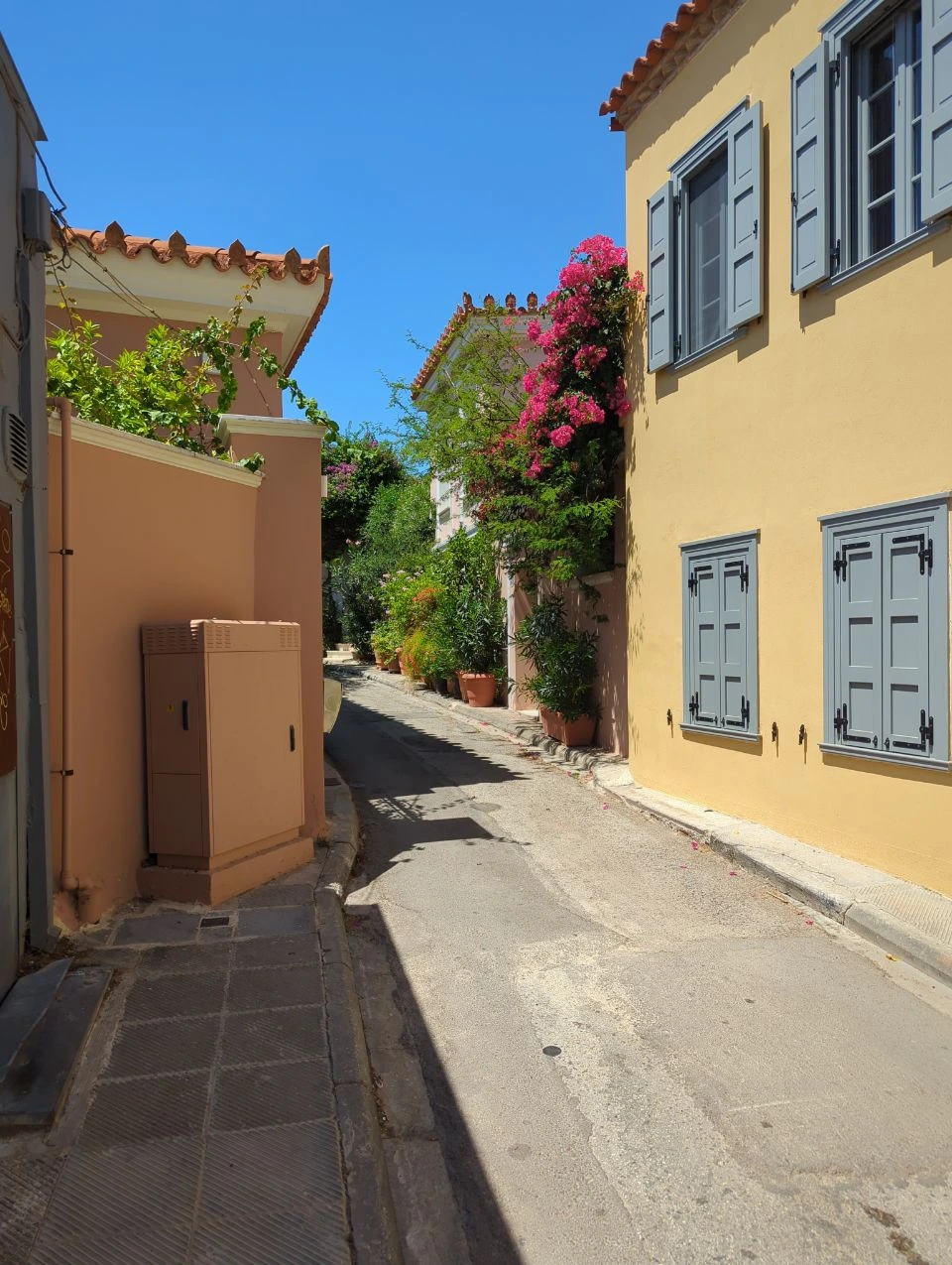 An empty Athens lane is lined with yellow and peach facades, grey shutters, potted greenery and red bougainvillea.