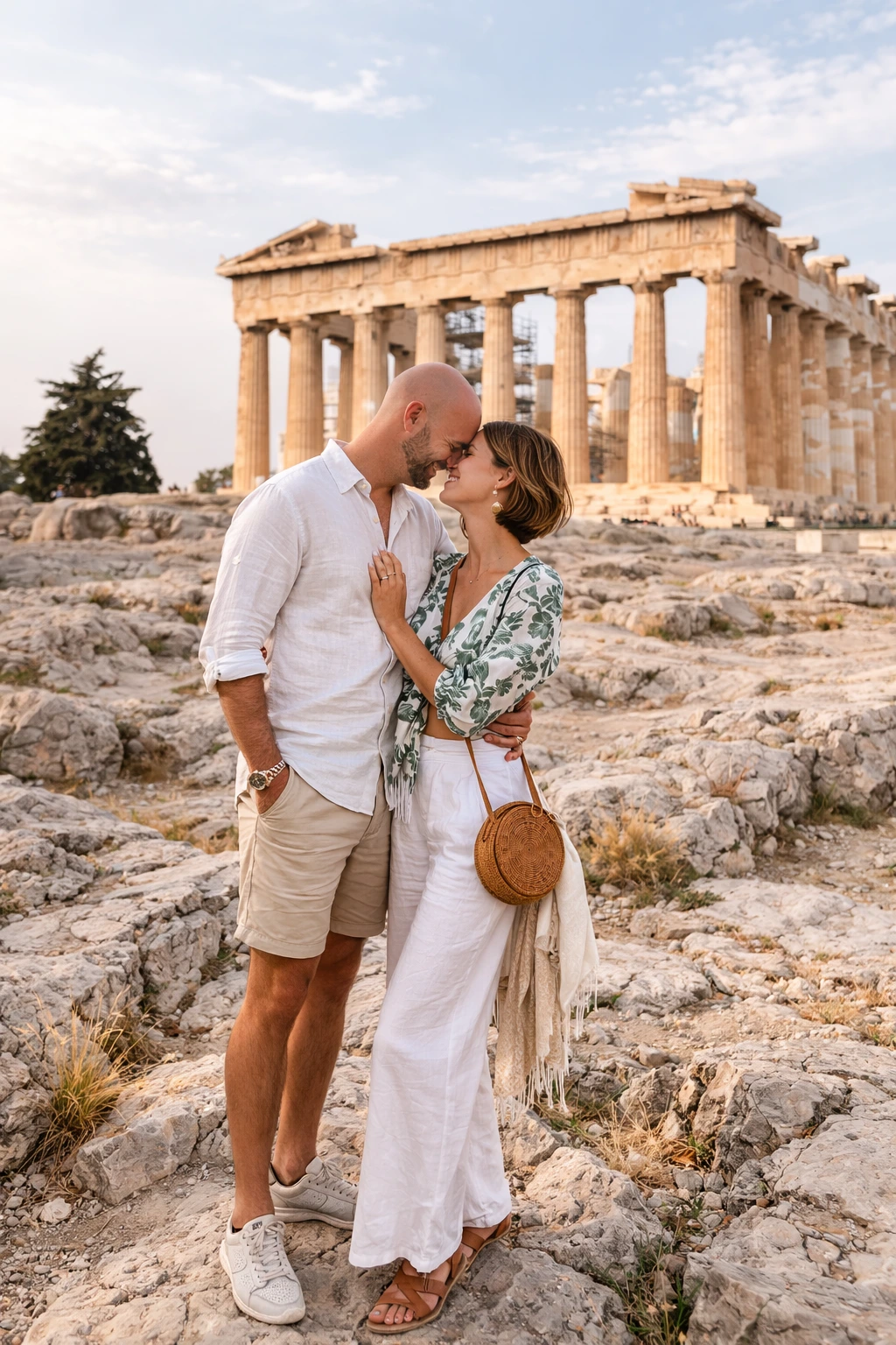 Para podczas sesja zdjęciowa w Ateny przy Acropolis Viewpoint, uchwycona w naturalnym i romantycznym stylu.