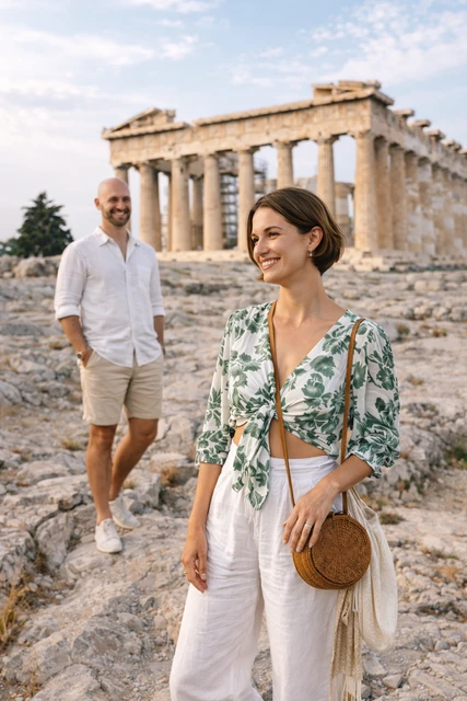 Una pareja durante una sesión de fotos en Atenas, capturada con un estilo natural y romántico.