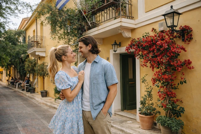 Atenas fotos Una pareja durante una sesión de fotos en Atenas, capturada con un estilo natural y romántico.