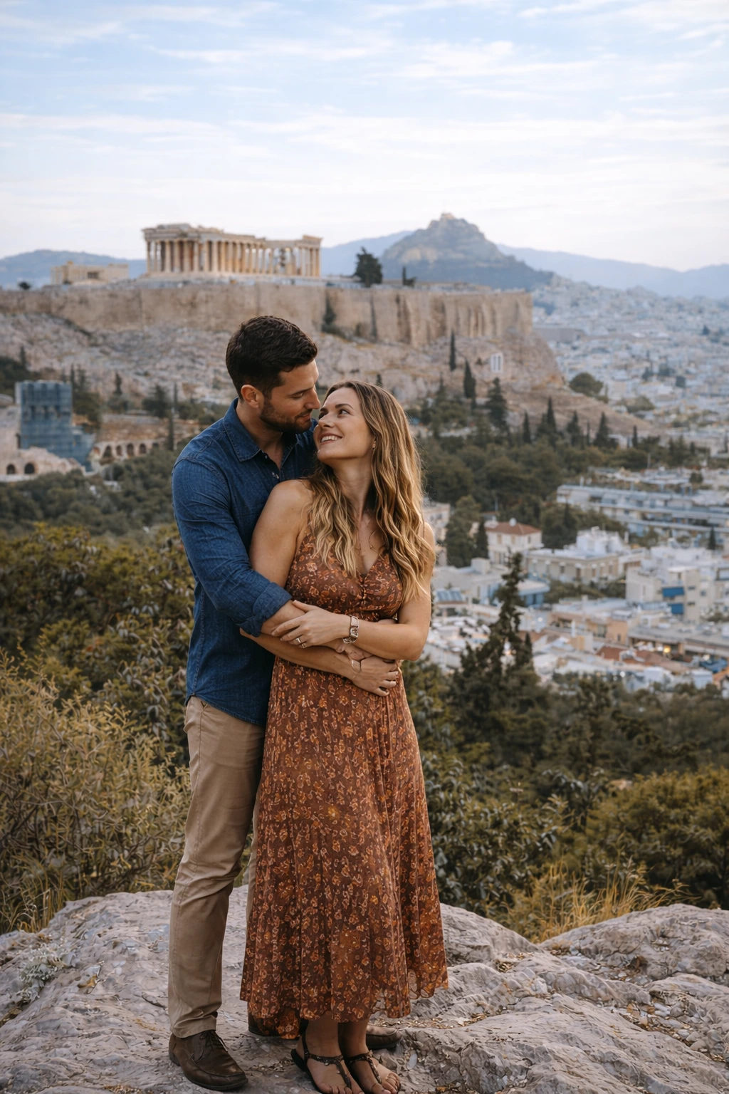 Para podczas sesja zdjęciowa w Ateny przy Lycabettus Hill, uchwycona w naturalnym i romantycznym stylu.