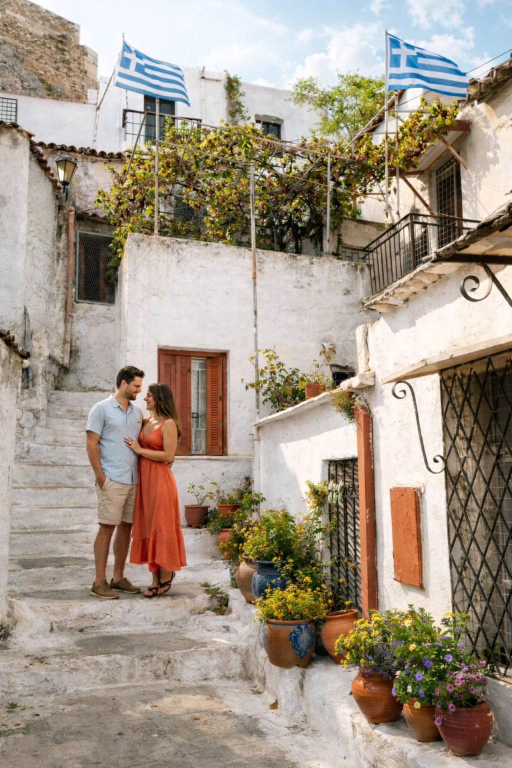 Atenas fotos ciudad Una pareja durante una sesión de fotos en Atenas, capturada con un estilo natural y romántico.