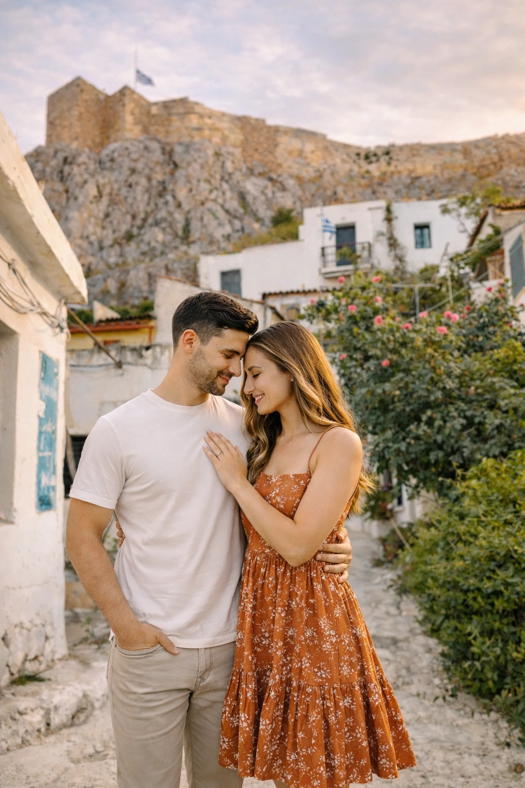 Para podczas sesja zdjęciowa w Ateny, uchwycona w naturalnym i romantycznym stylu.