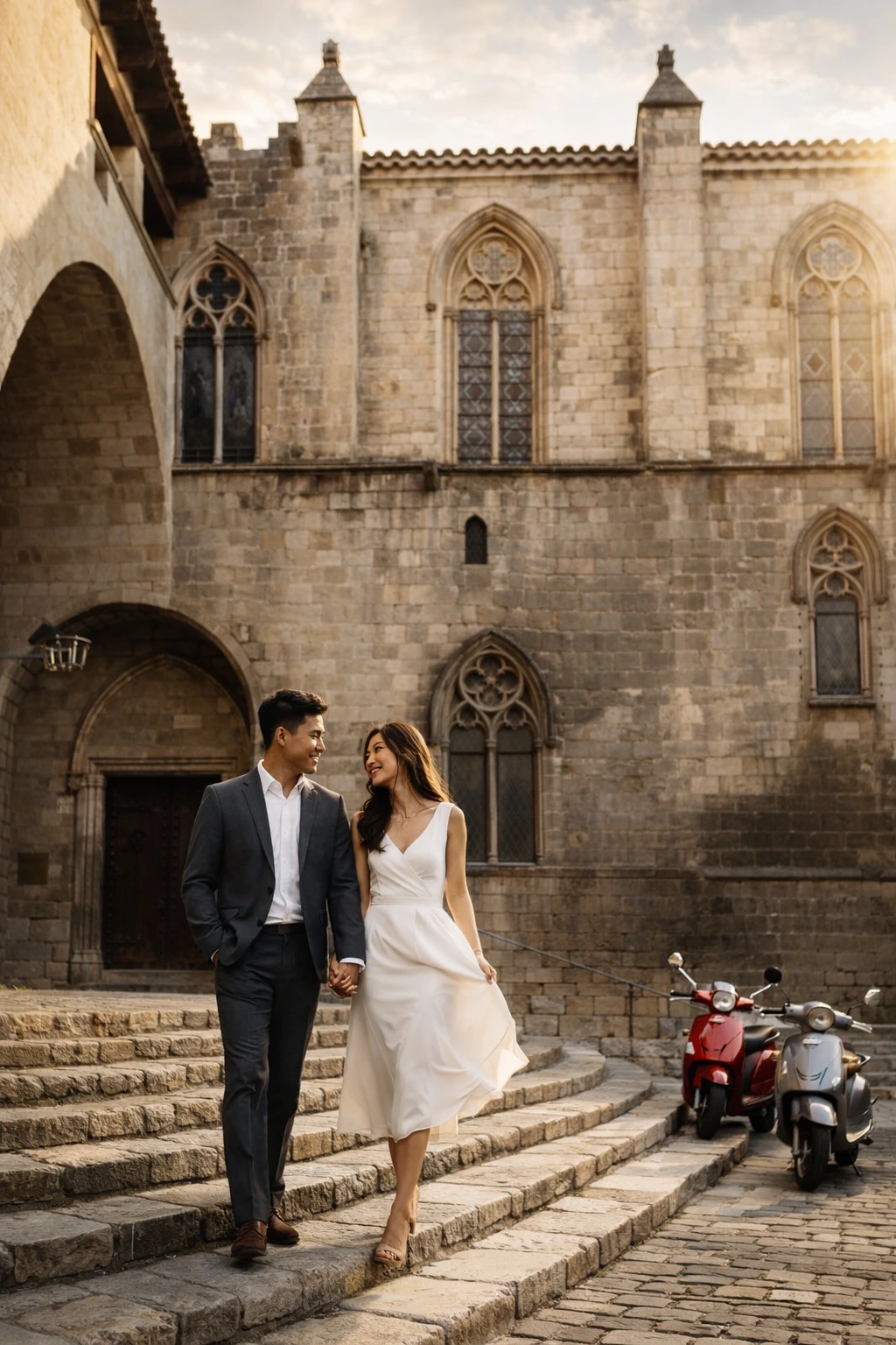 Barcelona city photoshoot moments Candid scene from a Barcelona city photoshoot, blending authentic expressions, clean composition, and a warm lifestyle photography style.