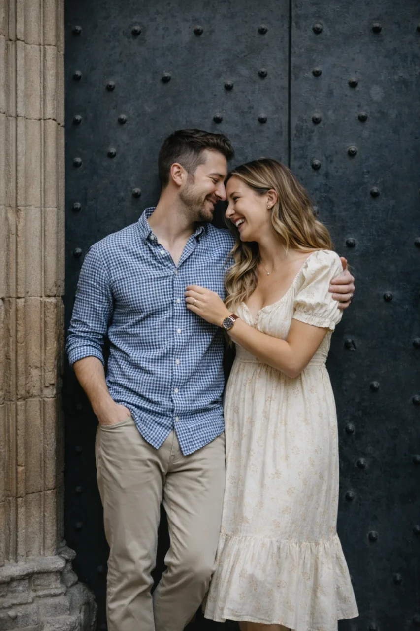 Couple beside a dark doorway in Barcelona’s Gothic Quarter Couple beside a dark doorway in Barcelona’s Gothic Quarter