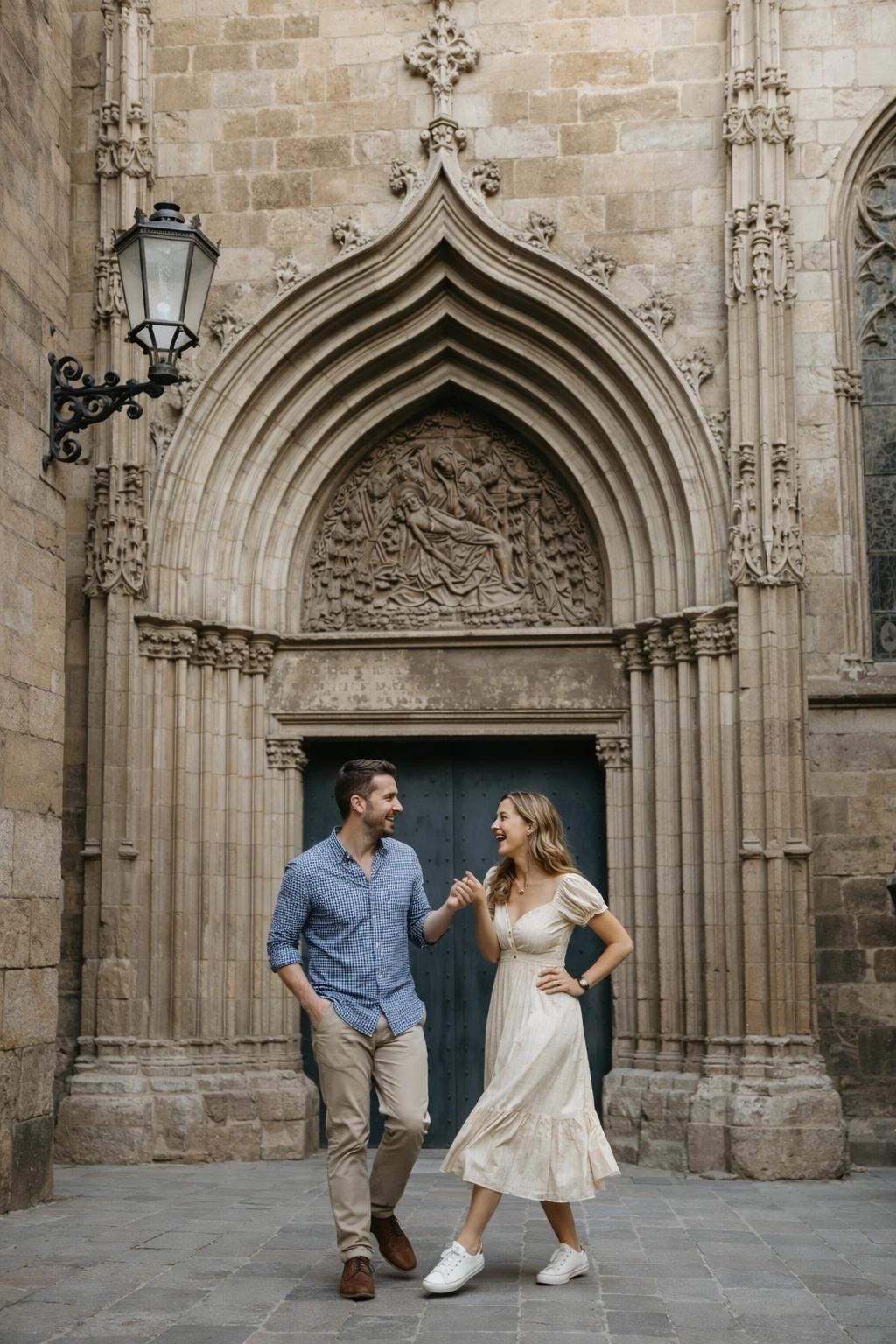 Couple photographed by a Gothic church doorway in Barcelona