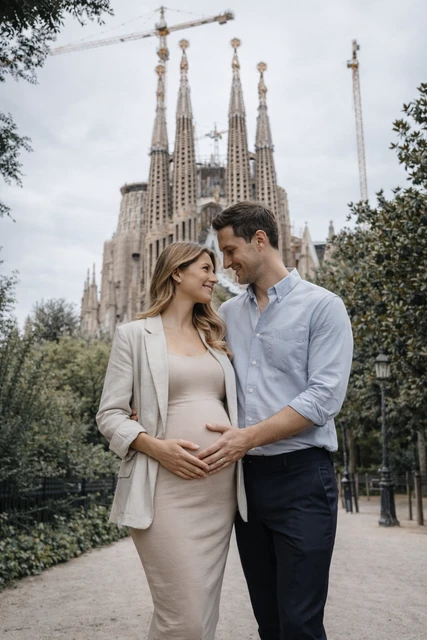 Travellers captured during a Barcelona city photoshoot at Plan Extra Time for Transport, with a natural, candid moment and clean city framing.