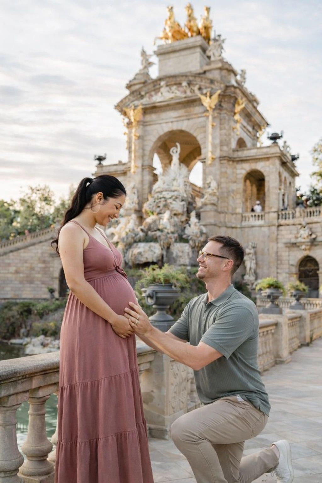 Travellers captured during a Barcelona city photoshoot at Gothic Quarter, with a natural, candid moment and clean city framing.