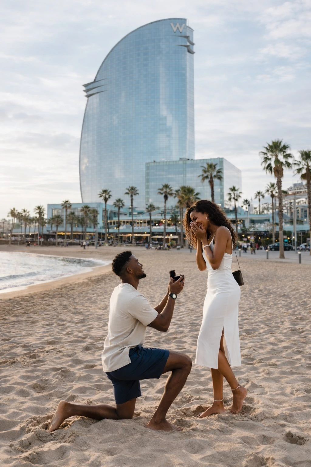 Proposal at Barceloneta beach during a Barcelona photoshoot