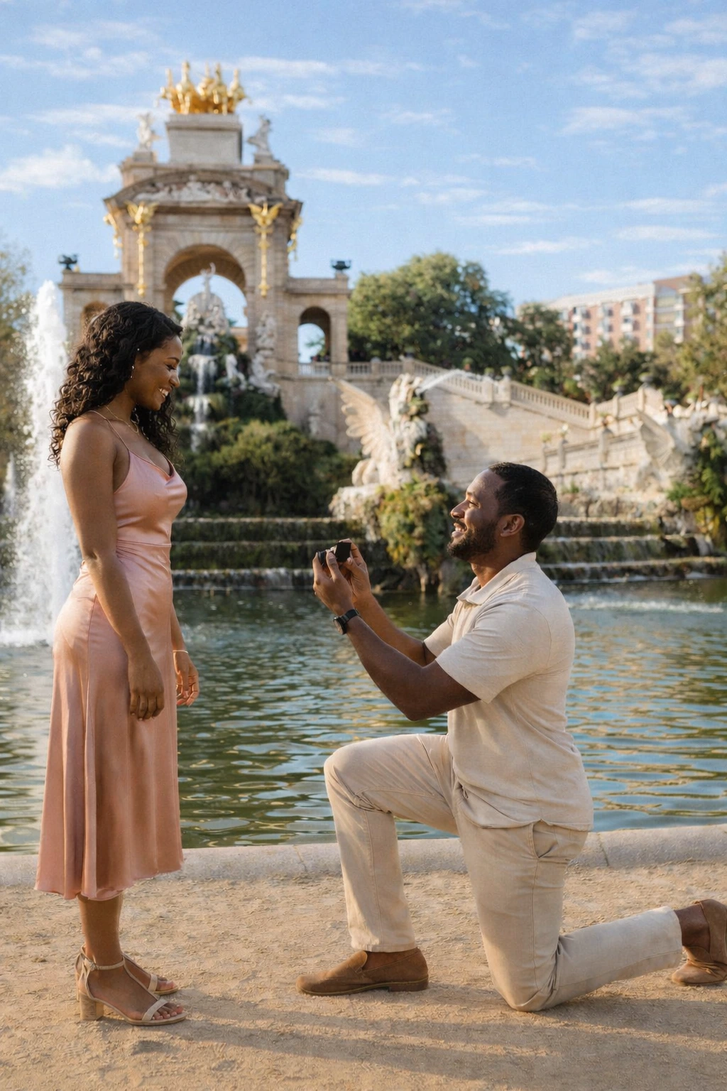 Marriage proposal by the Cascada Monumental in Barcelona
