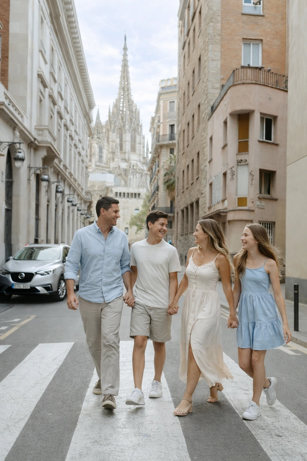 Travellers captured during a Barcelona city photoshoot at What to wear during a photoshoot in Barcelona?, with a natural, candid moment and clean city framing.
