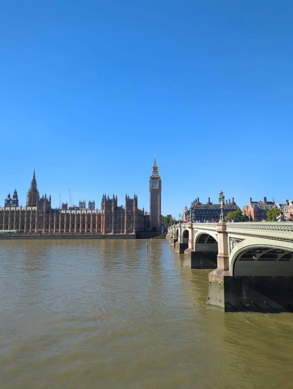 Elizabeth Tower and the Houses of Parliament across the Thames, with Westminster Bridge extending from the right