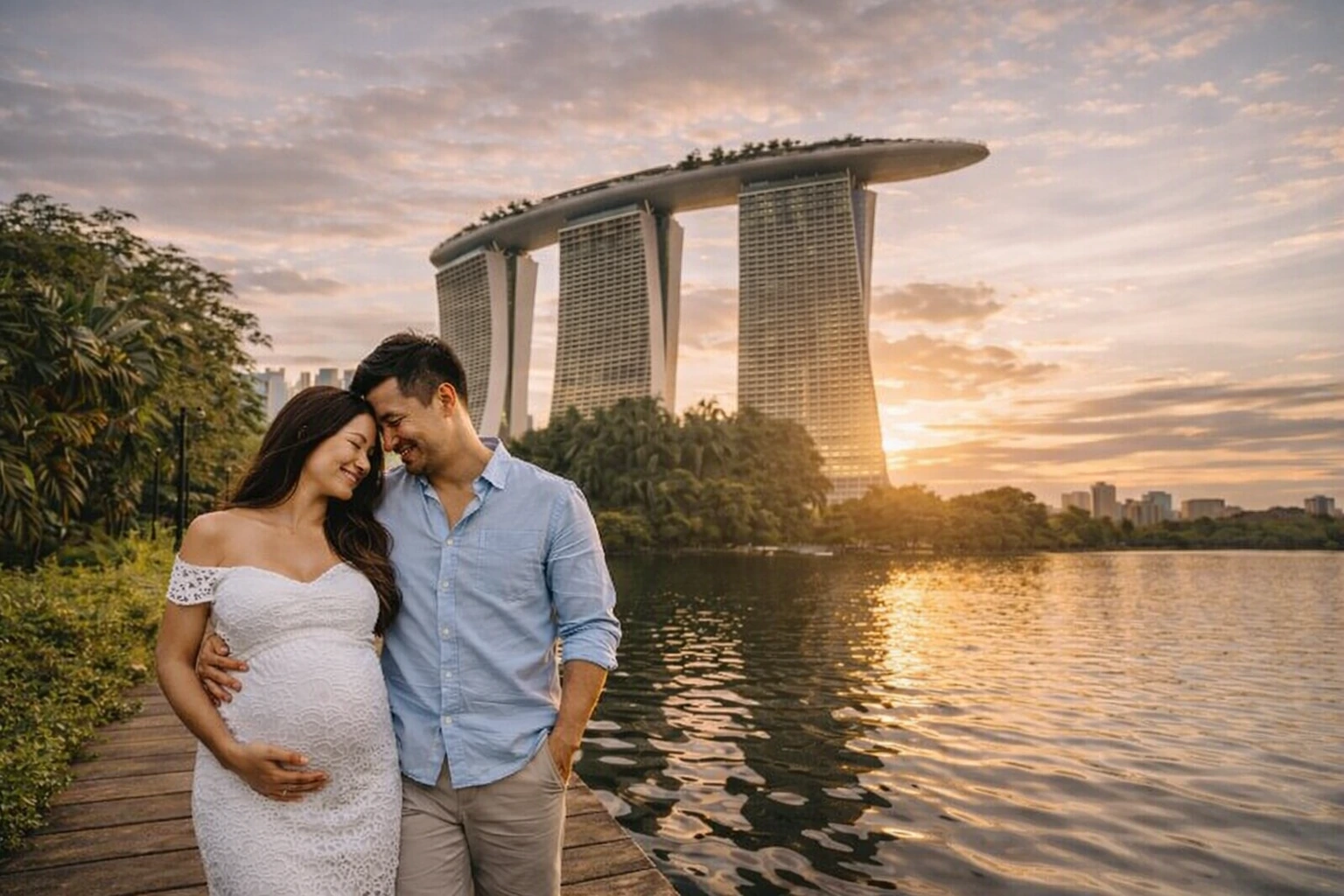 Ein Paar bei einem Fotoshooting in Singapur am Marina Bay Waterfront.
