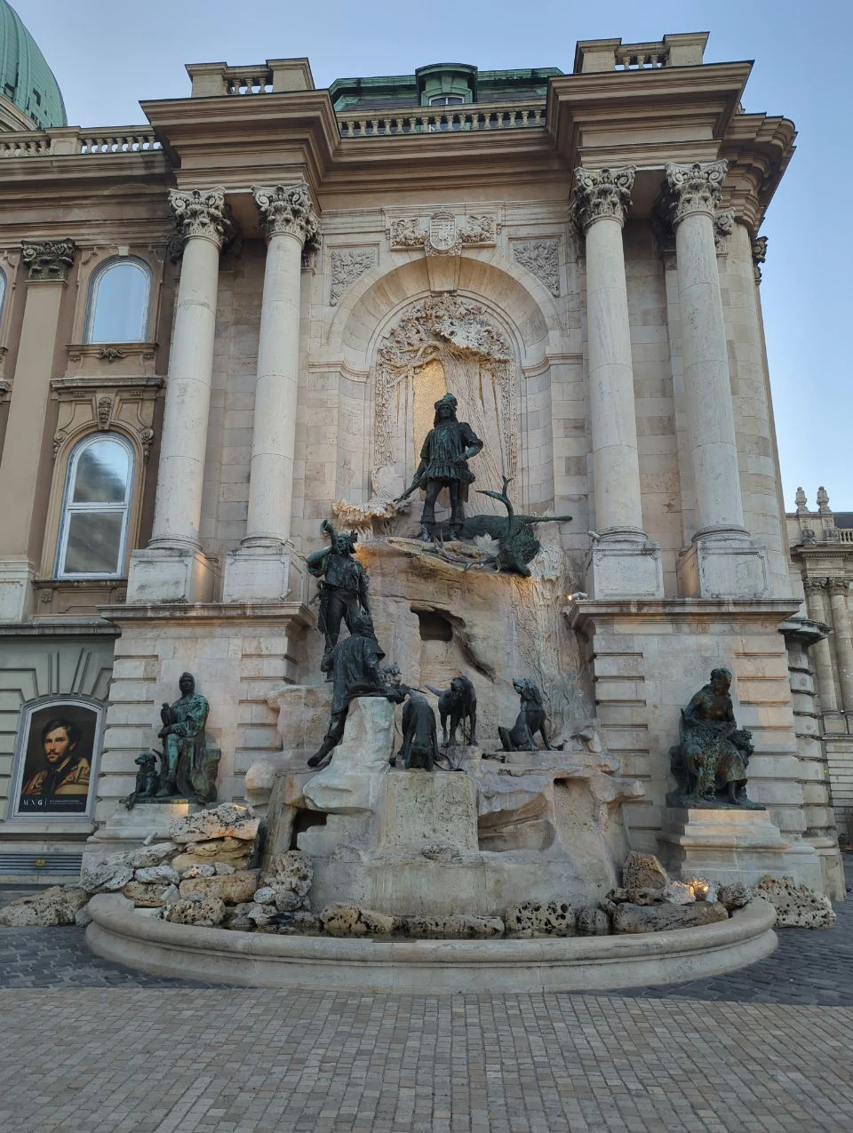 Matthias Fountain at Buda Castle Matthias Fountain hunting figures against the Buda Castle palace wall