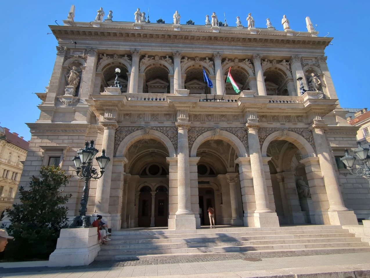Hungarian State Opera House exterior Columns, lamps and entrance steps of the Hungarian State Opera House