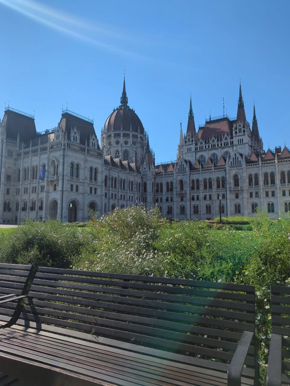 Kossuth Square garden bench by Parliament Bench and flowering shrubs with the Hungarian Parliament dome behind