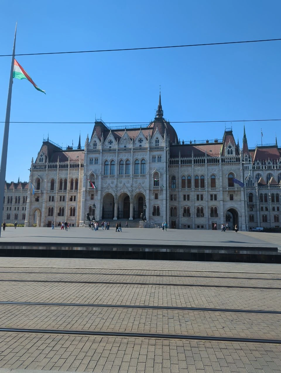 Parliament facade beyond tram tracks and a pedestrian path at Kossuth Square