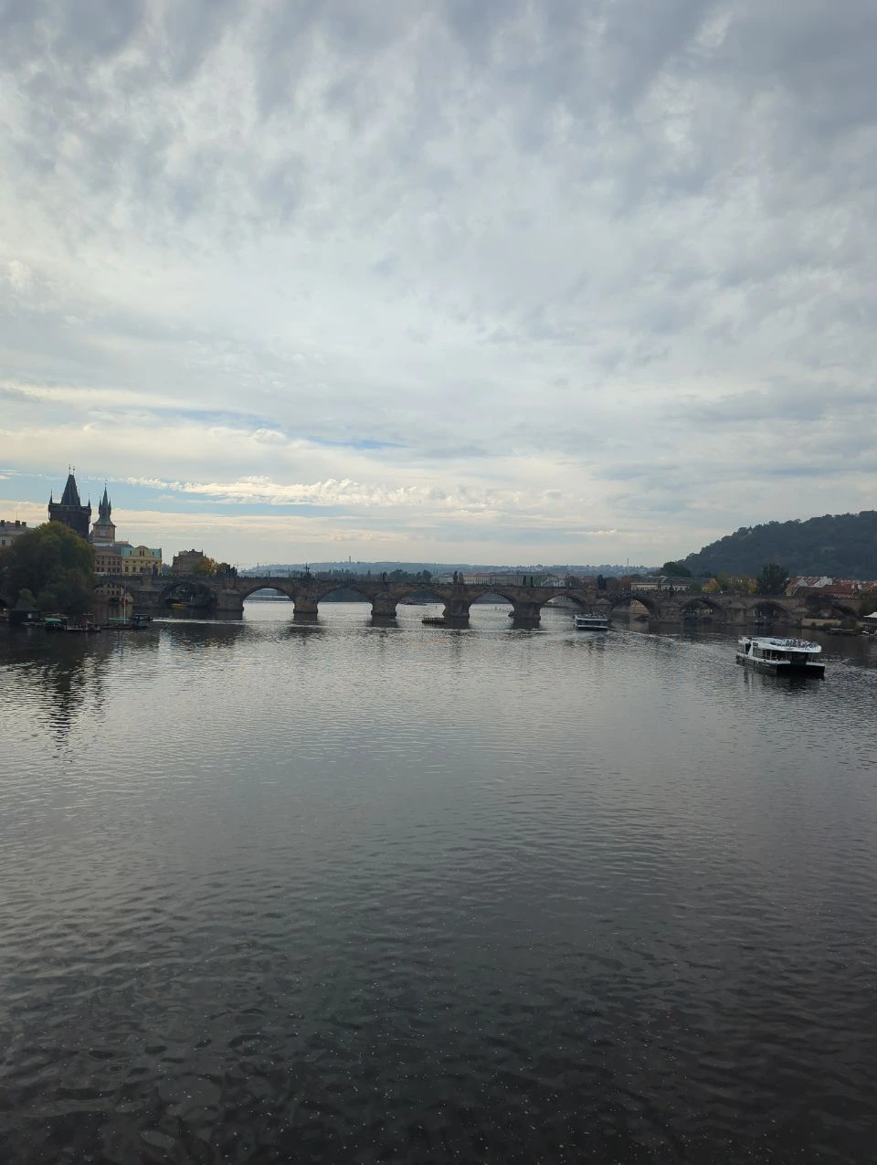 Charles Bridge Viewpoints - Wide Vltava River Scene Boats move along the Vltava in front of Charles Bridge, beneath a cloudy sky above Prague’s riverbanks.