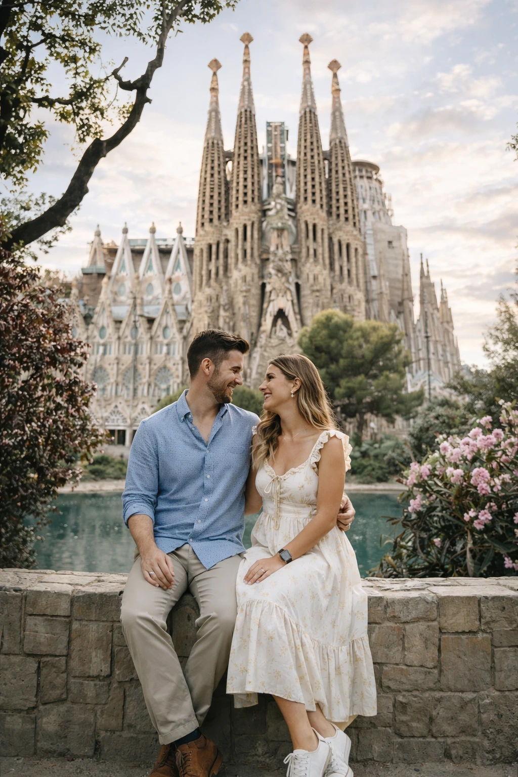 Sagrada Família Barcelona photoshoot Couple posing with the Sagrada Família during a Barcelona photoshoot