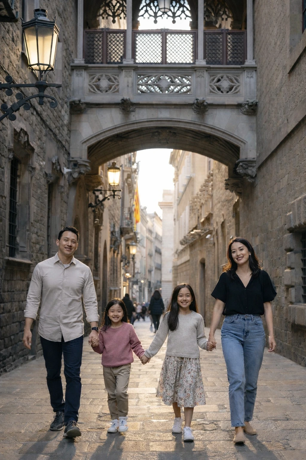 Family walking through the Gothic Quarter during a Barcelona photoshoot