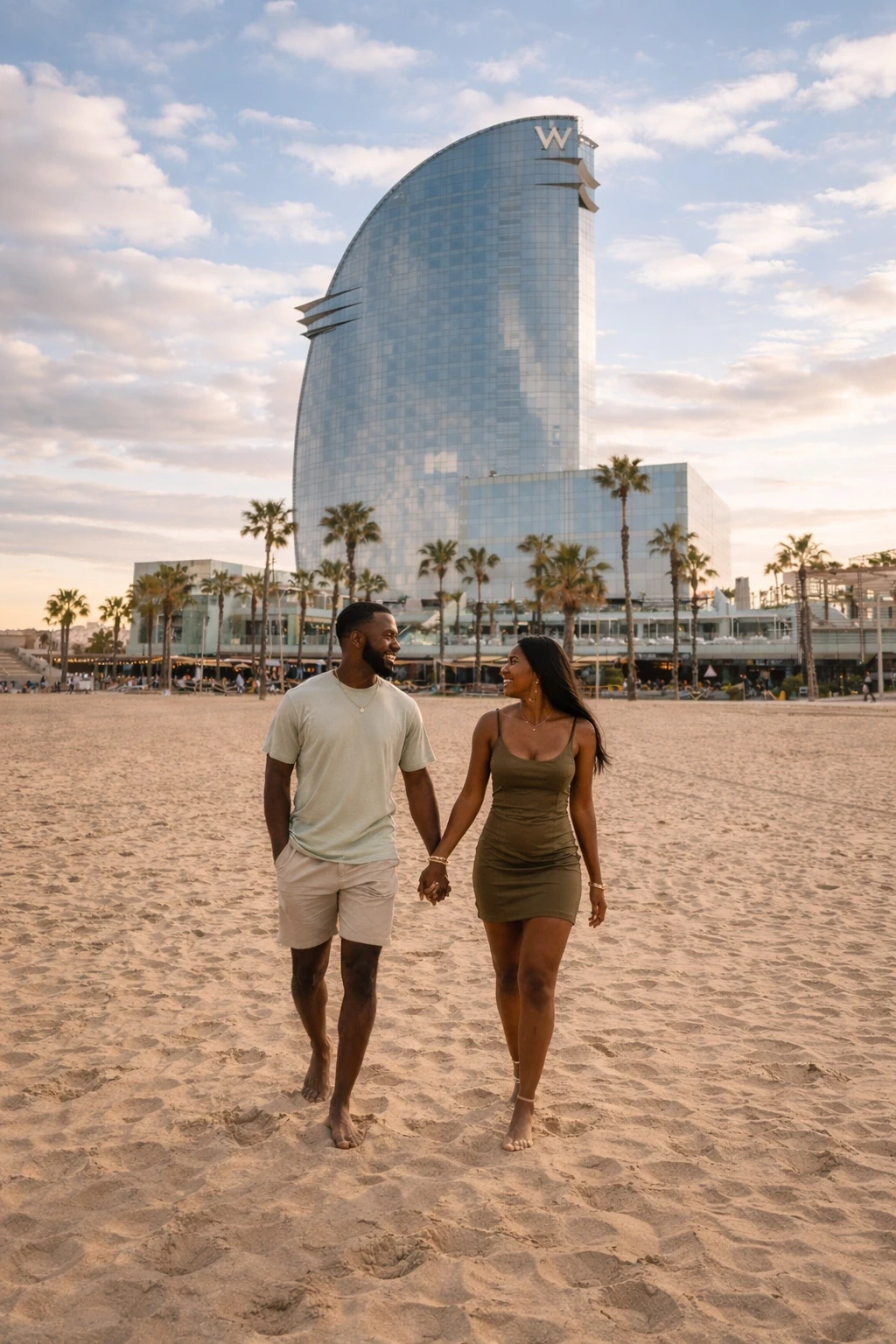 Barcelona beach photoshoot Couple walking at Barceloneta during a Barcelona photoshoot
