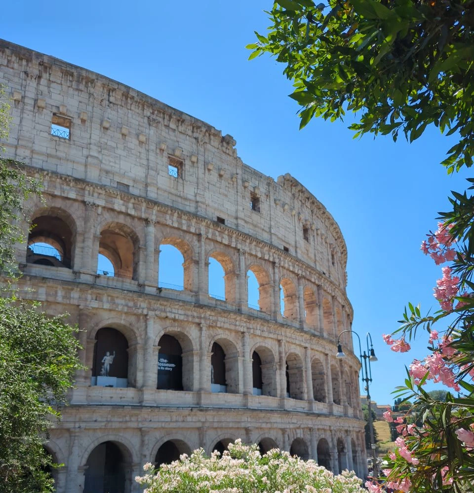 Pink flowers and green foliage frame the Colosseum’s stone arches, adding a softer setting to a Rome photoshoot route.