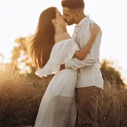 Couple kissing in grain field with sun going down