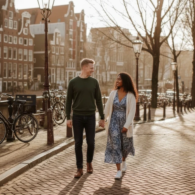 Couple walking beside an Amsterdam canal in warm evening light Couple walking beside an Amsterdam canal in warm evening light