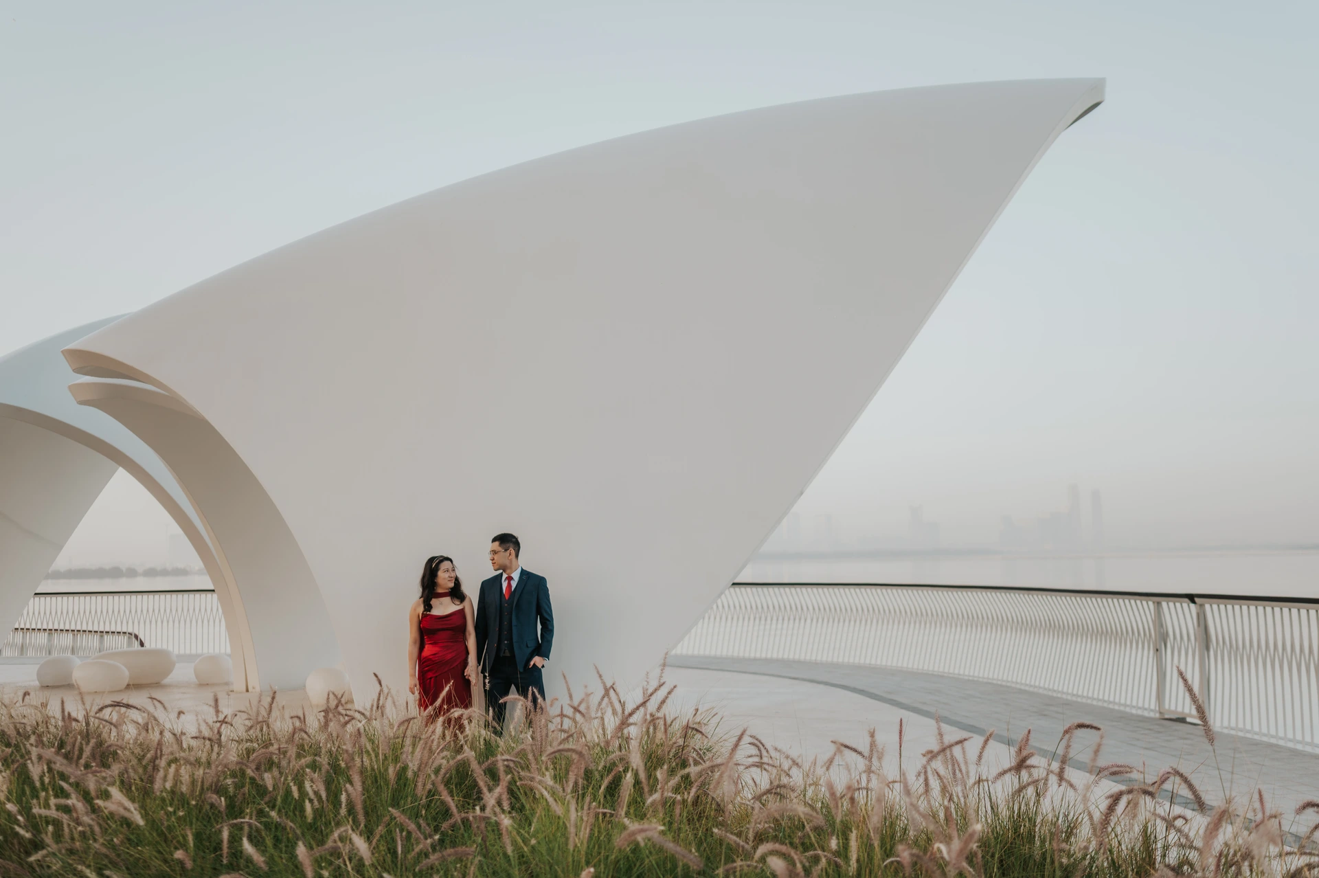 Couple photoshoot at Dubai Creek Harbour waterfront architecture