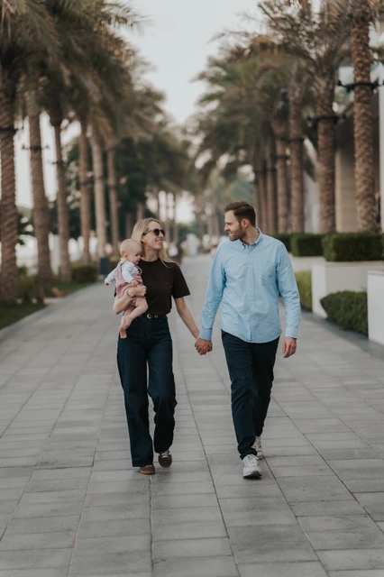 Family walking at Creek Harbour Dubai palm promenade