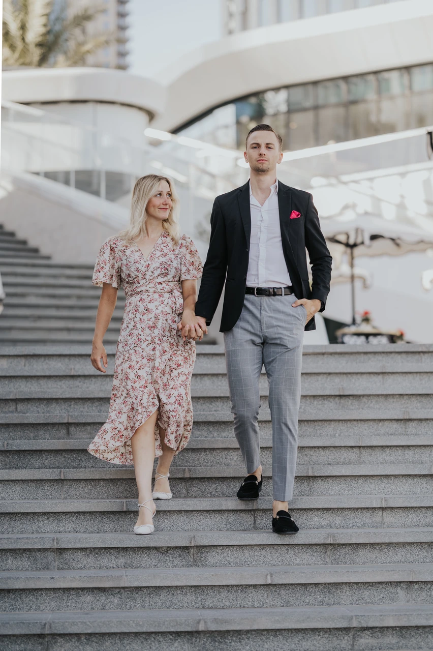 Creek Harbour photoshoot daylight stairs Couple photoshoot on Creek Harbour Dubai steps in daylight