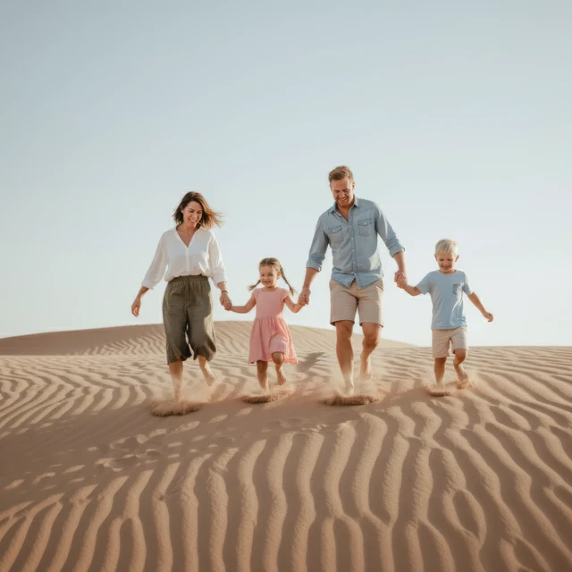Familie fotoshoot Dubai Familie die tijdens een fotoshoot in Dubai van een zandduin af rent.