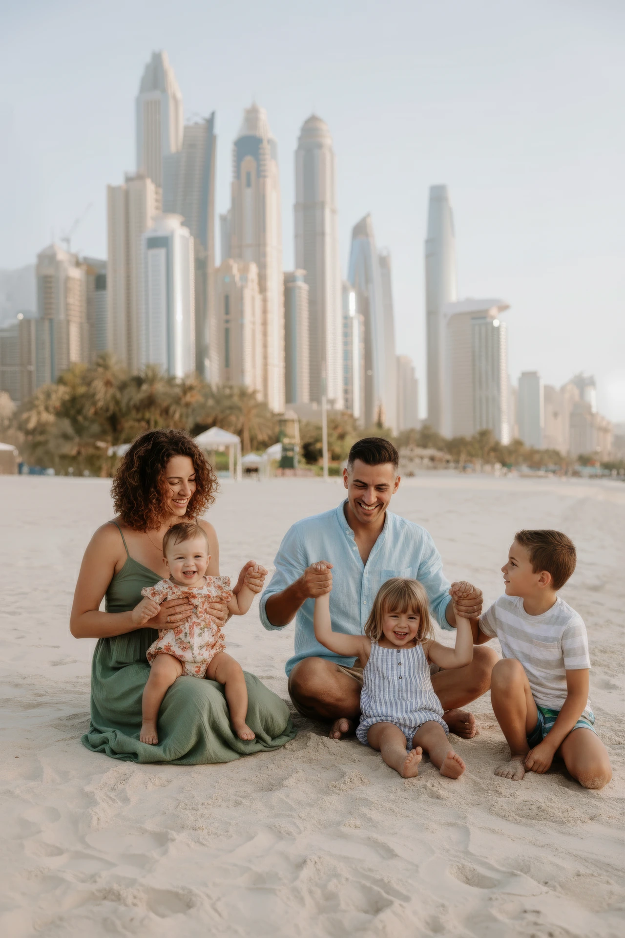 Familie die tijdens een fotoshoot in Dubai van een zandduin af rent.