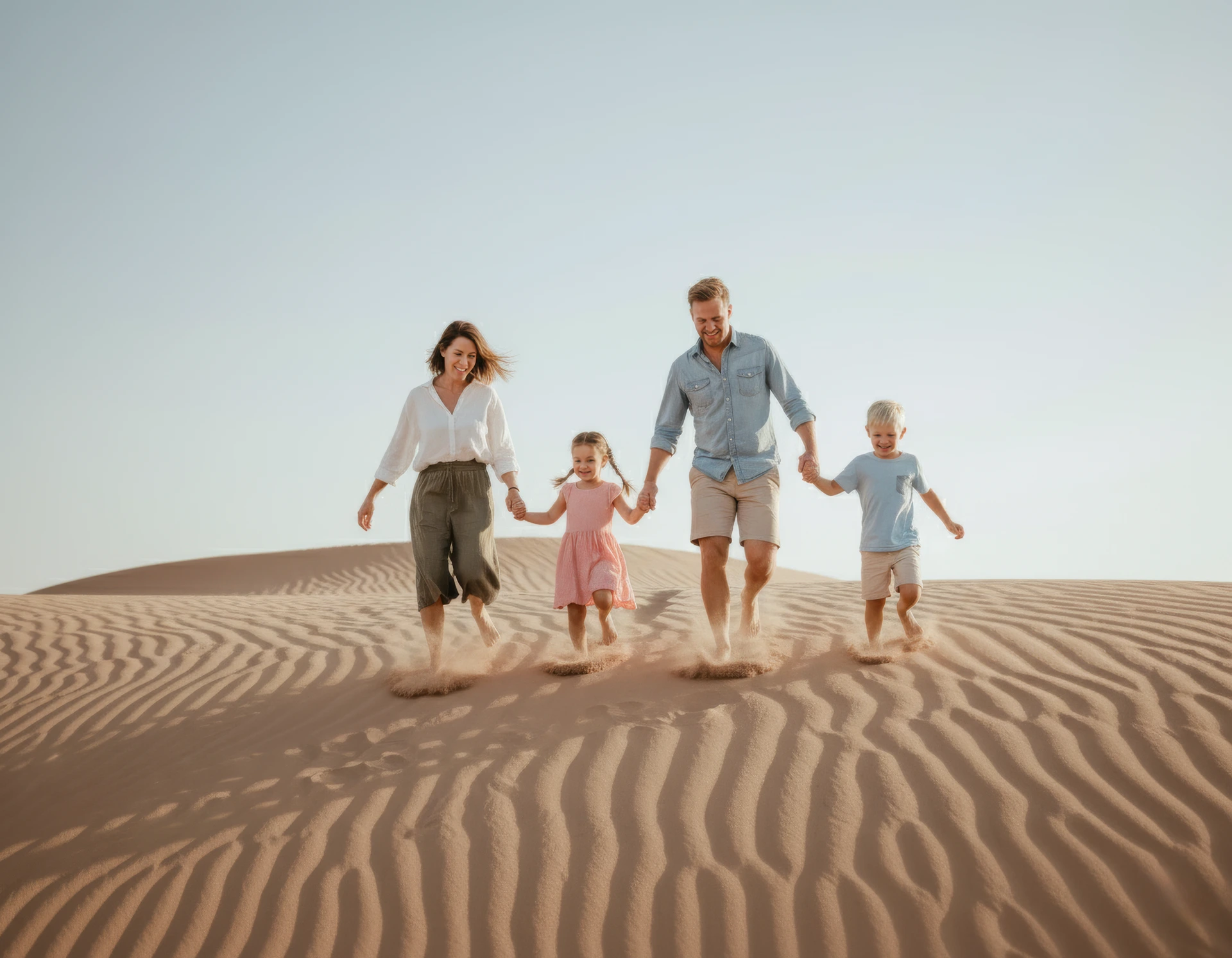 Children run down a Dubai desert dune during a family photoshoot, creating energetic candid moments with clean sand patterns and open-sky depth.