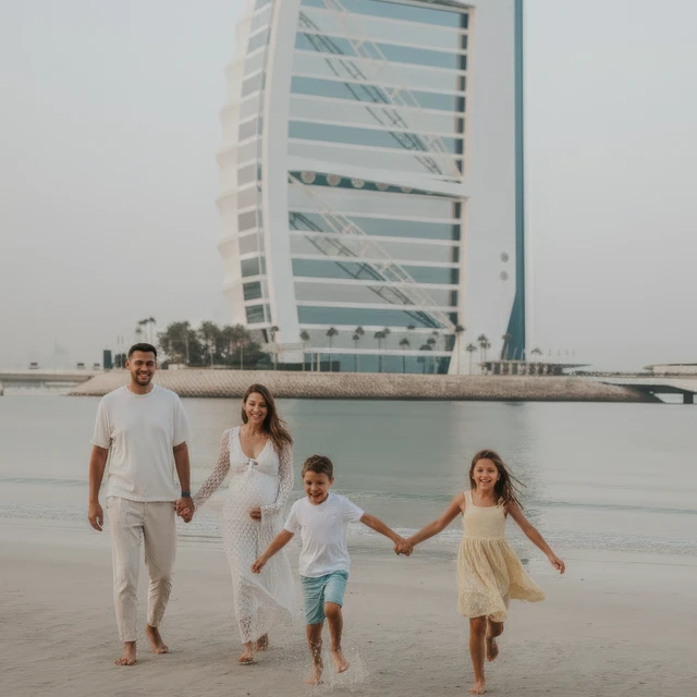 Dubai family photoshoot Photoshoot of a family in front of the Burj Al Arab in Dubai with the sea in the background