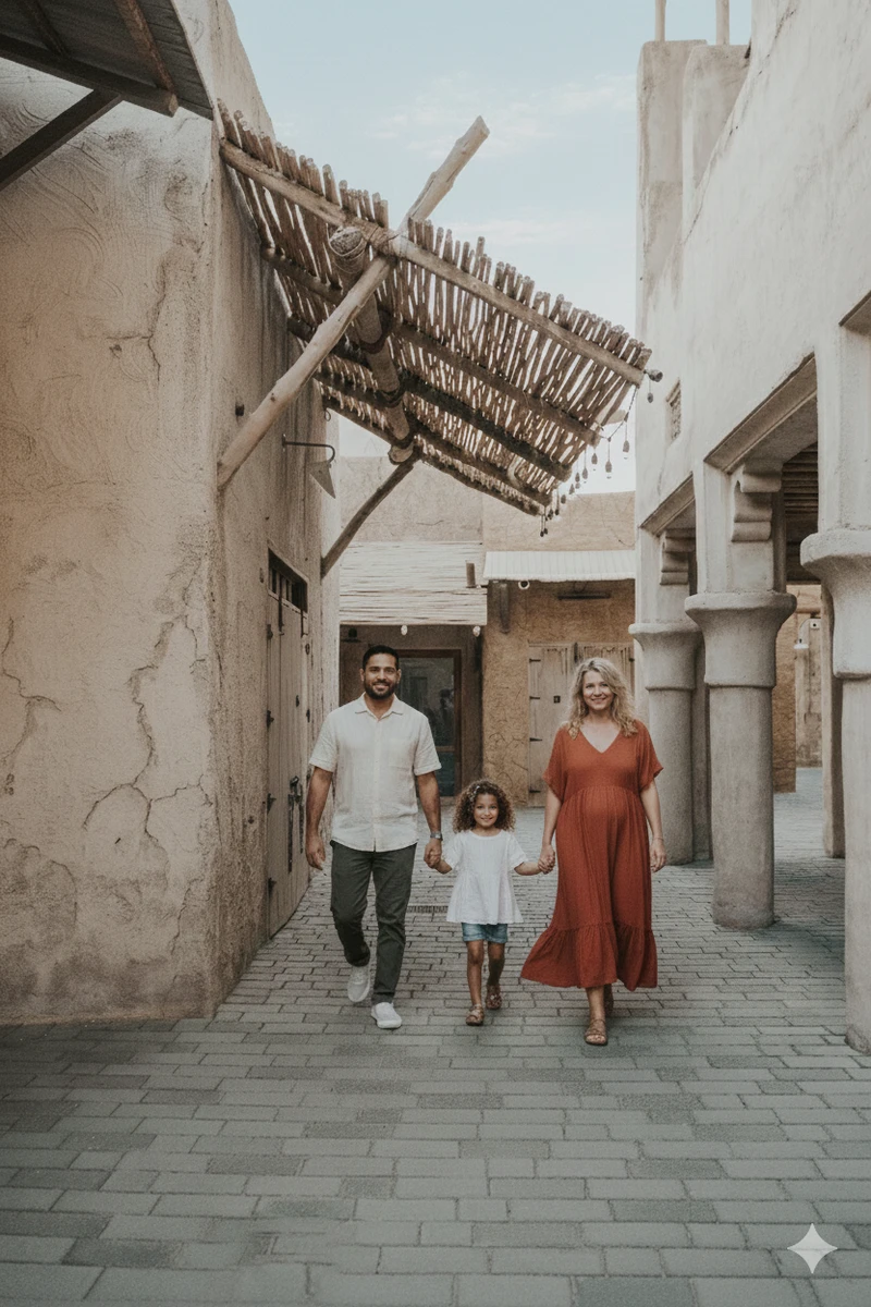 A family walking in the streets of Old Dubai during a photoshoot