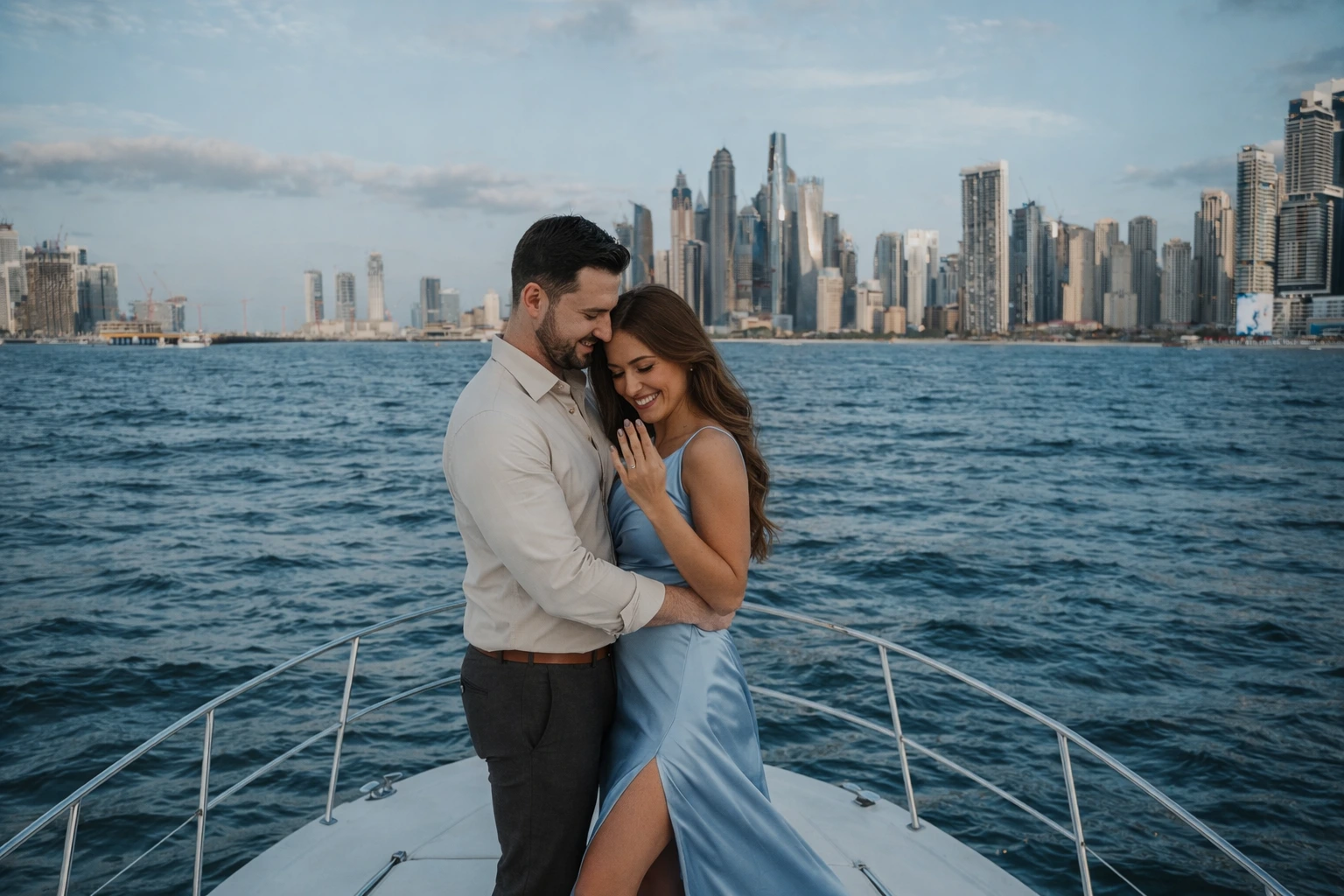A couple standing by Dubai Marina waterfront with modern towers behind during a proposal photoshoot.